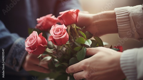 Man giving roses bouquet flowers to woman valentine day wallpaper background © Irina