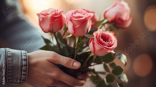 Man giving roses bouquet flowers to woman valentine day wallpaper background #698311572