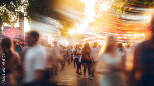 Music festival abstract background. Long exposure blurred motion of a group of young people walking through a festivity