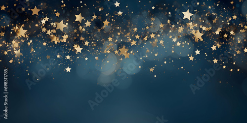 Light abstract glowing bokeh light. Shining star, sun particles and sparks with lens flare effect on black background. Sparkling magical dust particles. Christmas concept. Generative AI photo