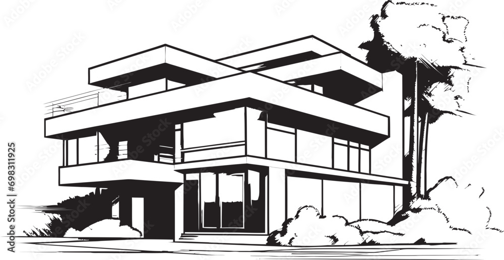 Naklejka premium Stylish Cityline Abode Villa Vector Icon in Urban Sophistication Sleek Urban Dwelling Black Outline Villa Emblem in City Style