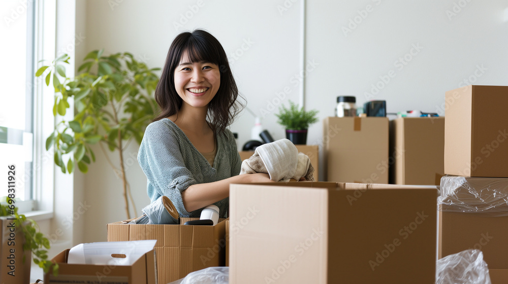 引っ越しをする日本人の女性 引っ越しをする日本人の女性