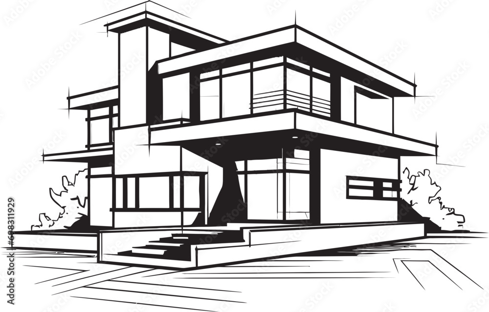 Cityscape Villa Sketch Modern House in Sharp Black Lines Urban Villa Outline Sleek City Living in Bold Black