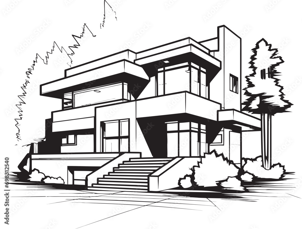 Modern Cityscape Villa Sketch Bold Black Outline Vector Icon Trendy Urban Villa Silhouette City House in Black Outline
