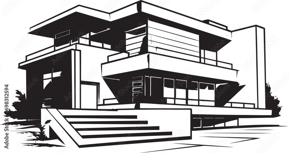 Contemporary Cityscape Villa Black Outline Villa Icon Design Urban Villa Sketch Modern City House in Crisp Black Lines