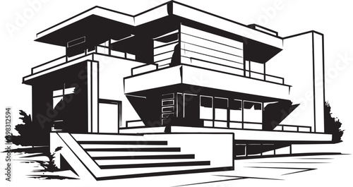 Contemporary Cityscape Villa Black Outline Villa Icon Design Urban Villa Sketch Modern City House in Crisp Black Lines