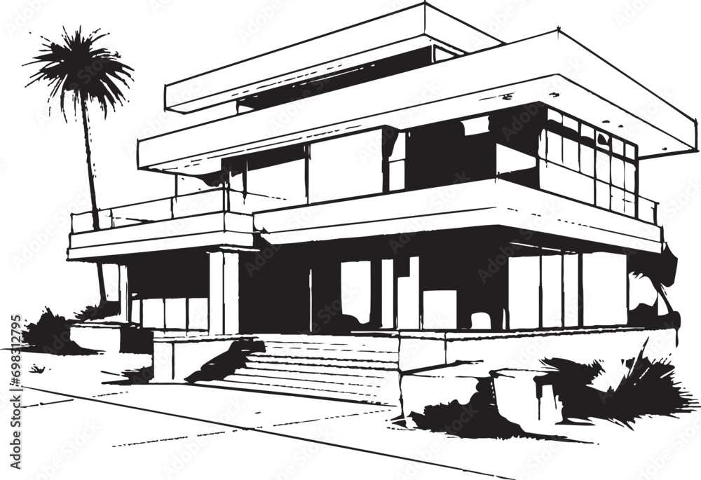 Naklejka premium Urban Villa Sketch Sleek City House in Crisp Black Cityline Mansion Silhouette Villa Vector Outline in Bold Black