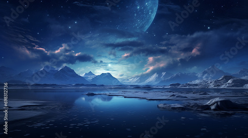 Frozen lagoon with starry sky a tranquil frozen lagoon background