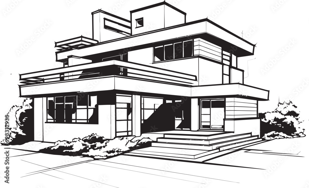 Modern Urban Villa Sketch City House Icon in Crisp Black Cityline Villa Silhouette Black Outline Vector Symbol of Urban Living