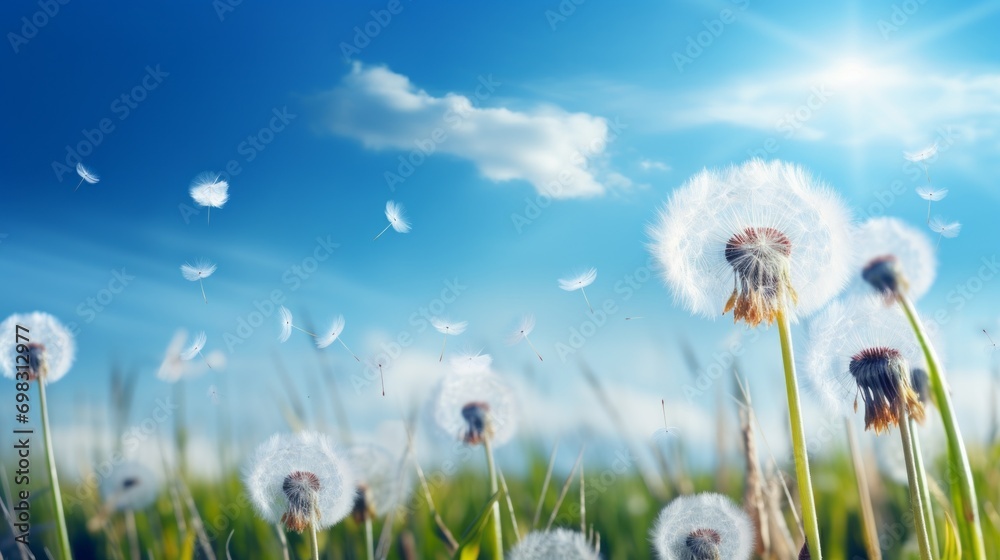 White fluffy dandelions in a field against a blue sky with clouds. 
