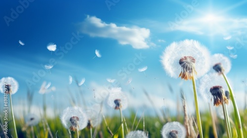 White fluffy dandelions in a field against a blue sky with clouds. 