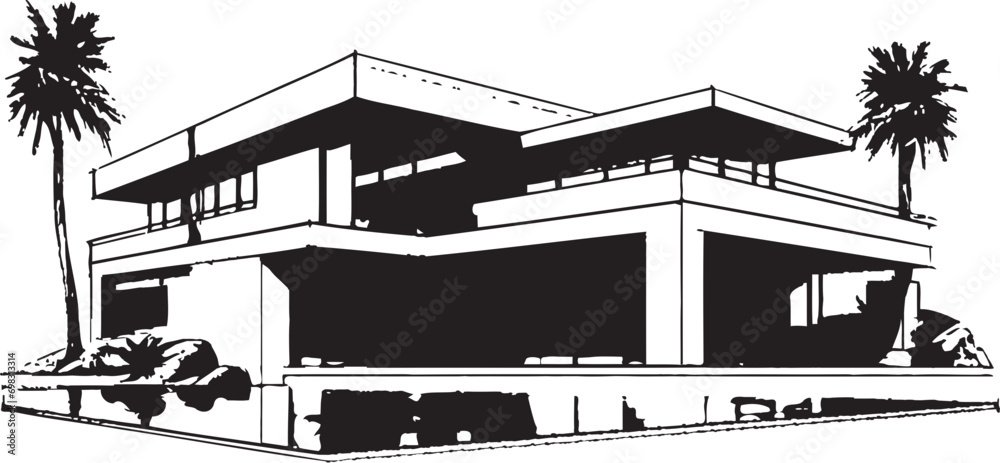 Naklejka premium Villa Design Blueprint Contemporary Architecture in Vector Icon Iconic Contemporary Villa Building Structure in Vector Logo