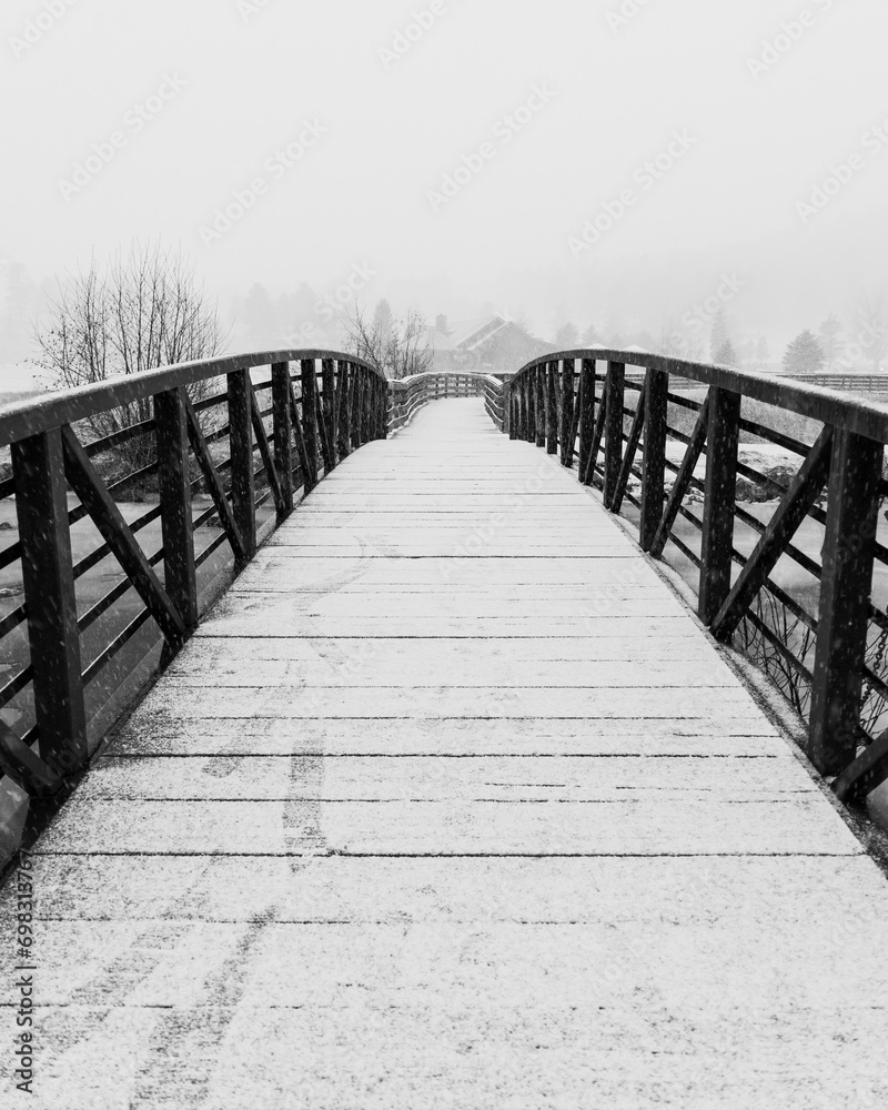Stunning dark bridge covered in white snow
