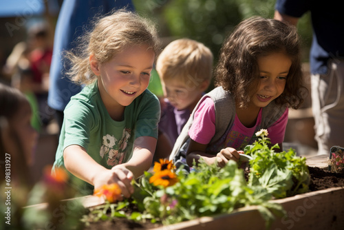 happy smiling children playing in the garden, flower planting 