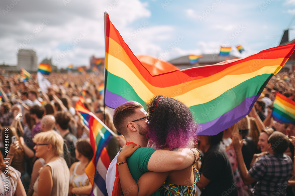 Fototapeta premium colorful LGBT flags in the wind with crowd of people, pride
