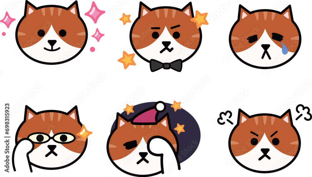 Various face sets of cartoon orange tabby cats. Vector illustration isolated on a transparent background. Includes six patterns. Various face sets of cartoon orange tabby cats. Vector illustration isolated on a transparent background. Includes six patterns.