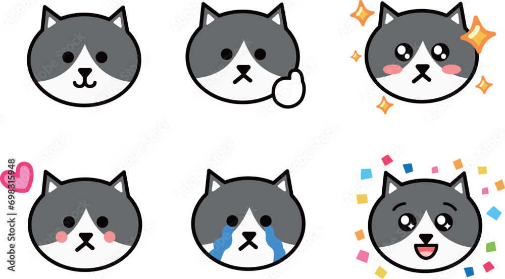 Various face emoticon sets of cartoon gray and white cats. Vector illustration isolated on a transparent background. Includes six patterns. Various face emoticon sets of cartoon gray and white cats. Vector illustration isolated on a transparent background. Includes six patterns.