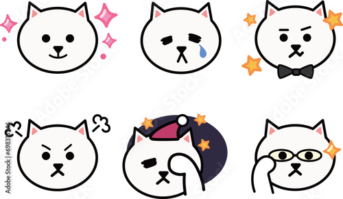Various face emoticon sets of cartoon white cats. Vector illustration isolated on a transparent background. Includes six patterns.