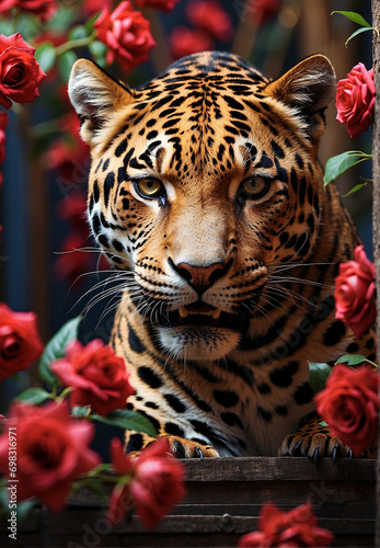 Jaguar  predatory animal  on the background of flowers