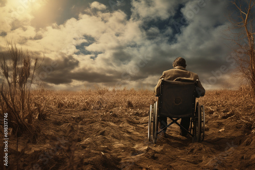 disabled person in wheelchair at sunset