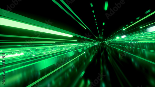 Fototapeta Naklejka Na Ścianę i Meble -  3d render. Abstract neon background. Speed of light. Green light highway