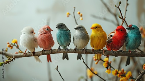 7 birds on a tree branch colorful birds, subtle white and grey background  © Barbara Taylor