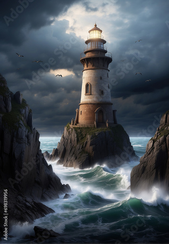 A lighthouse shines at night in a sea storm