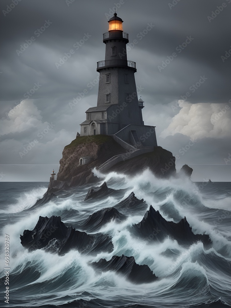 A lighthouse shines at night in a sea storm