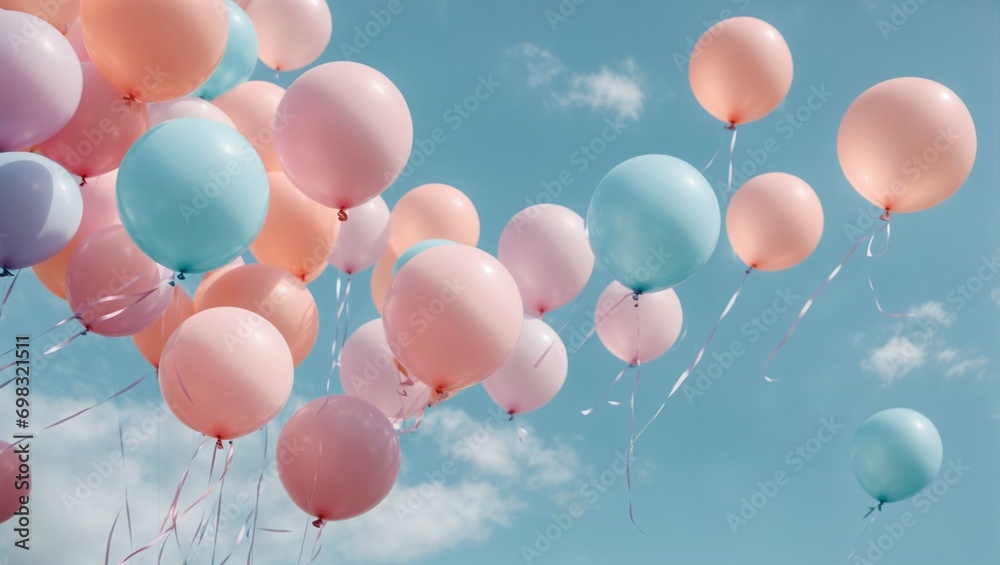 AI-generated illustration of pastel blue and pink helium balloons soaring in the sky - obrazy, fototapety, plakaty 