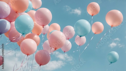 Obraz na płótnie AI-generated illustration of pastel blue and pink helium balloons soaring in the