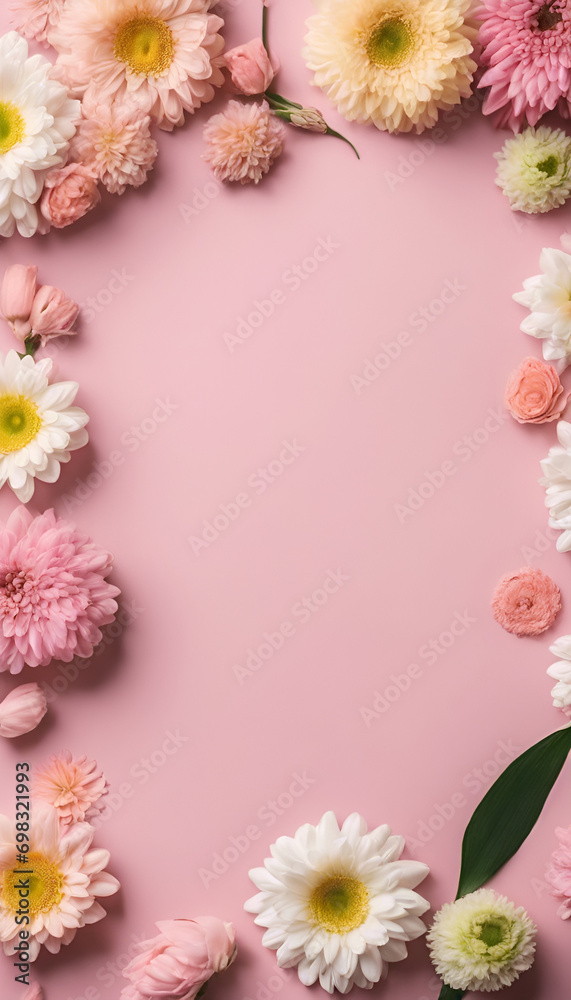Blossom Whispers: Pink Flowers in a Flat Lay, Creating a Delicate and Beautiful Background for Special Moments - Flowers on Pink Background. Flat Lay. Copy Space.
