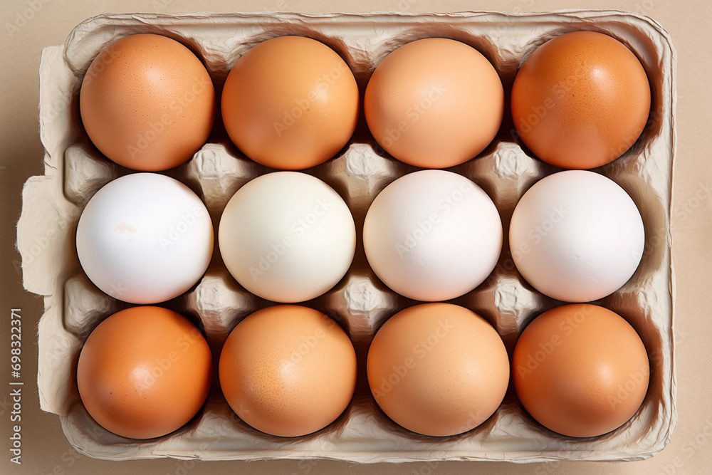 AI-generated illustration of a carton of brown and white eggs resting on a tabletop AI-generated illustration of a carton of brown and white eggs resting on a tabletop