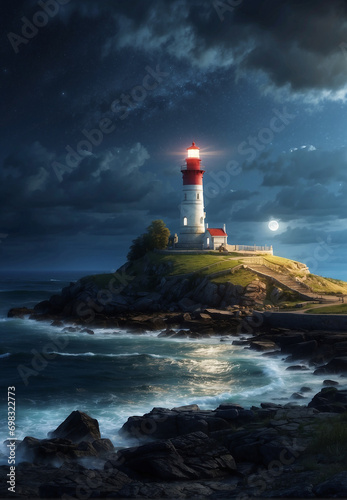 A lighthouse shines at night in the darkness of the sea © A_A88