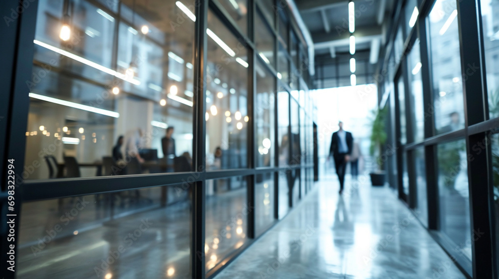 Office building corridor with blurred people during meeting in sunny day. Created using generative AI. Office building corridor with blurred people during meeting in sunny day. Created using generative AI.