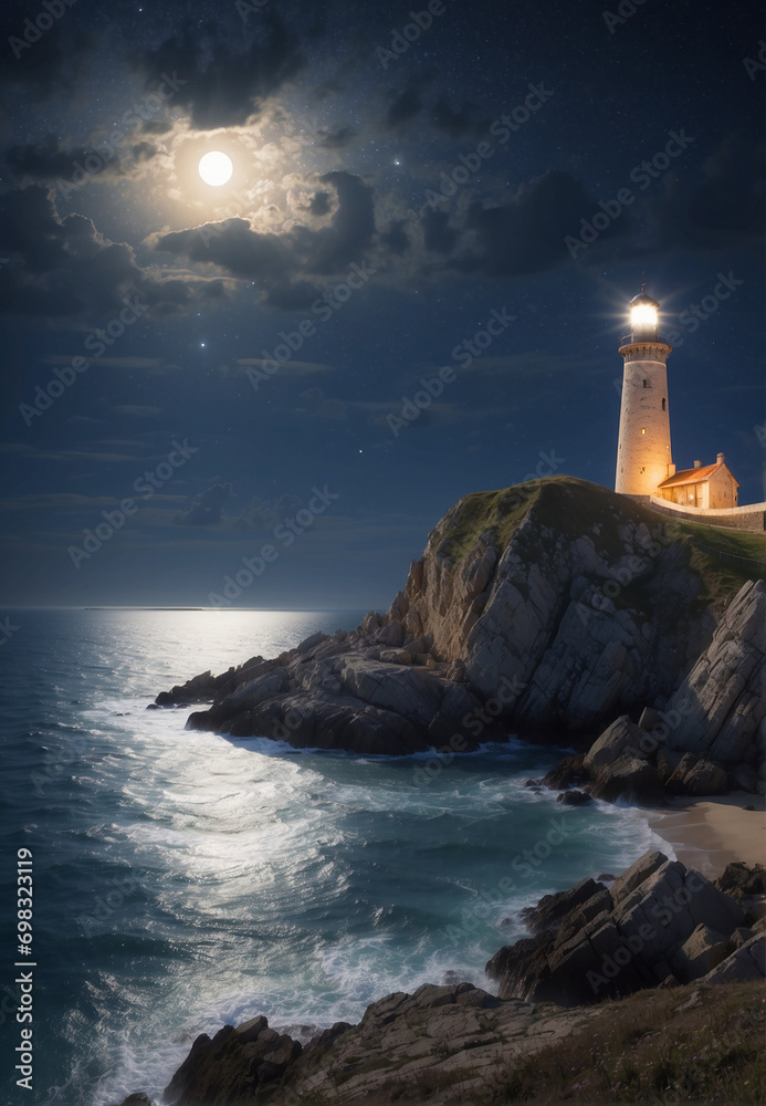 A lighthouse shines at night in the darkness of the sea