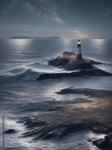 A lighthouse shines on a clear night at sea