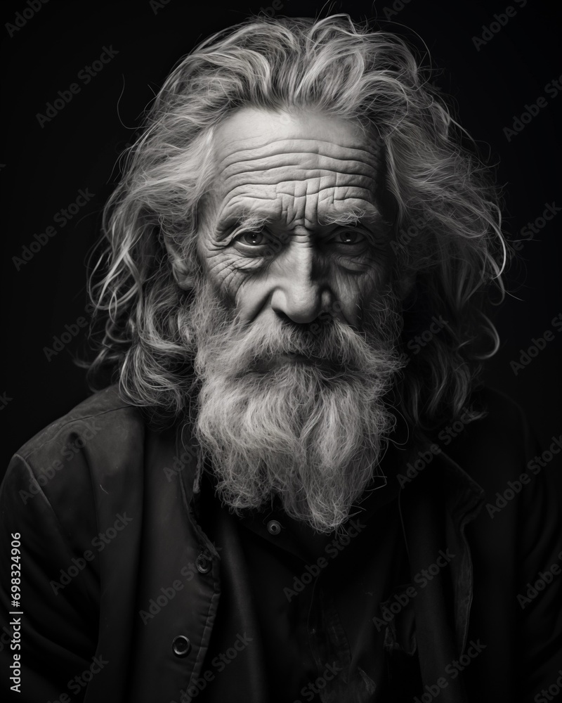 AI generated illustration of a man with long hair and an unkempt beard ...