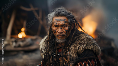 Native american indian man in traditional clothing in front of fire