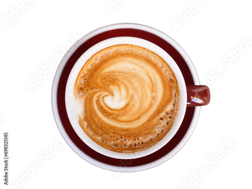 Top view of cappuccino coffee cup on white background