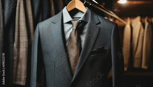 Fotografia Gray suit on hanger, brown tie and black chief, white shirt, close-up