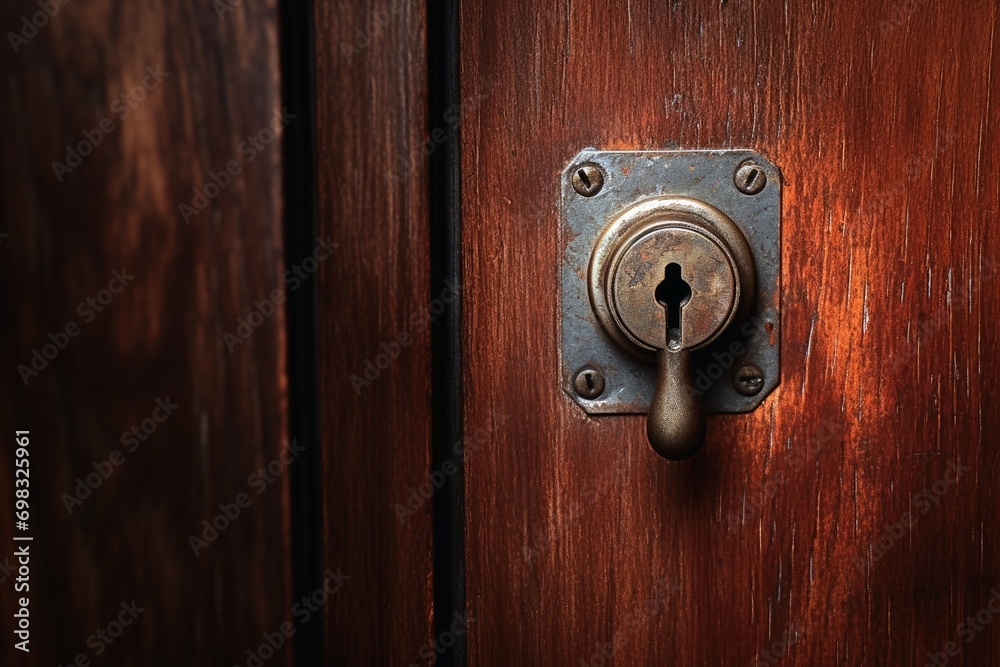 An old metal keyhole on a weathered wooden door. An old metal keyhole on a weathered wooden door.