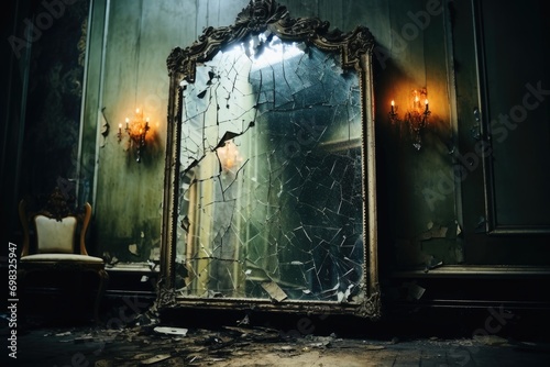 An old broken mirror with cracks in an abandoned haunted house. photo