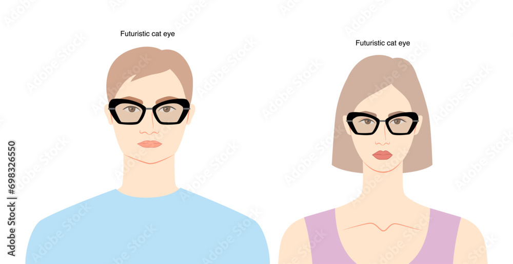 Futuristic Cat Eye frame glasses on women and men flat character fashion accessory illustration. Sunglass front view, unisex silhouette style, flat rim eyeglasses with lens sketch outline isolated Futuristic Cat Eye frame glasses on women and men flat character fashion accessory illustration. Sunglass front view, unisex silhouette style, flat rim eyeglasses with lens sketch outline isolated