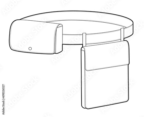Utility Belt silhouette bag. Fashion accessory technical illustration. Vector satchel front 3-4 view for Men, women, unisex style, flat handbag CAD mockup sketch outline isolated
