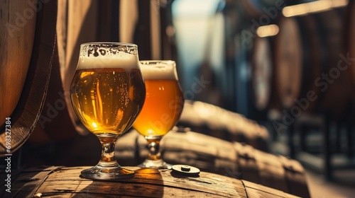 AI generated illustration of two beer glasses sitting side-by-side on top of a wooden barrel