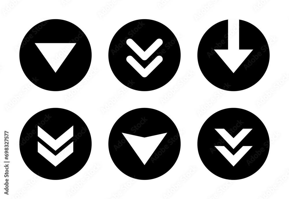 Swipe down arrow button icon set on black circle. Scroll button vector Swipe down arrow button icon set on black circle. Scroll button vector