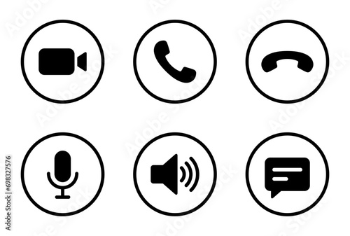 Video call ui icon set. Camera, handset, microphone, speaker, and message symbol vector