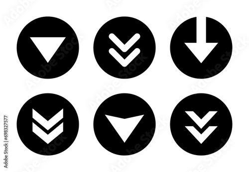 Swipe down arrow button icon set on black circle. Scroll button vector
