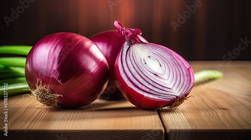 Portrait red onion on the wooden table AI Generative photo