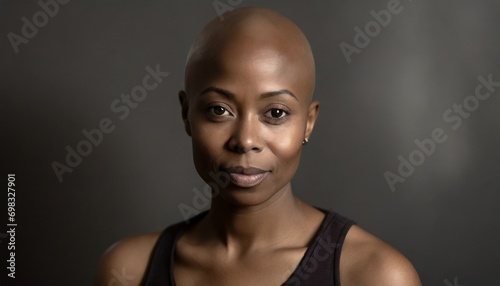 a young woman with her bald hair in front of a gray background photo